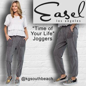 EASEL "Time of Your Life" Mineral Washed Cotton Joggers Mesh Pockets, Drawstring